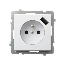 SONATA Gniazdo pojedyncze z uziemieniem z przesłonami torów prądowych, z ładowarką USB biały mat GP-1RZPUSB/m/75