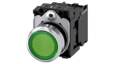 Przycisk 22 mm, round, metal, shiny, green, pushbutton, flat, momentary contact type, with holder, 1 NO, LED modu