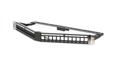 Panel krosowy kątowy 19 24x keystone, ekranowany,1U, czarny, prowadnica kabli, pola opisowe DN-91414S
