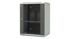 Szafa wisząca niedzielona 19 15U, drzwi blacha/szkło, ściągane osłony boczne z zamkiem, 600×450×770 szer./gł./wys. mm RAL: sza